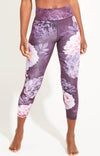 High Waisted, purple, pink and white floral, 7/8 length legging. Sustainable and ethical.