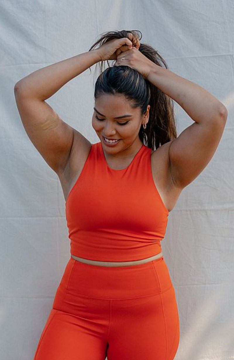 Neon Orange high neck longline sports bra ethical clothing women