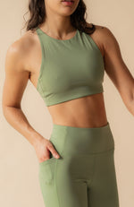 Ethical and sustainable high neck longline green Girlfriend Collective sports bra