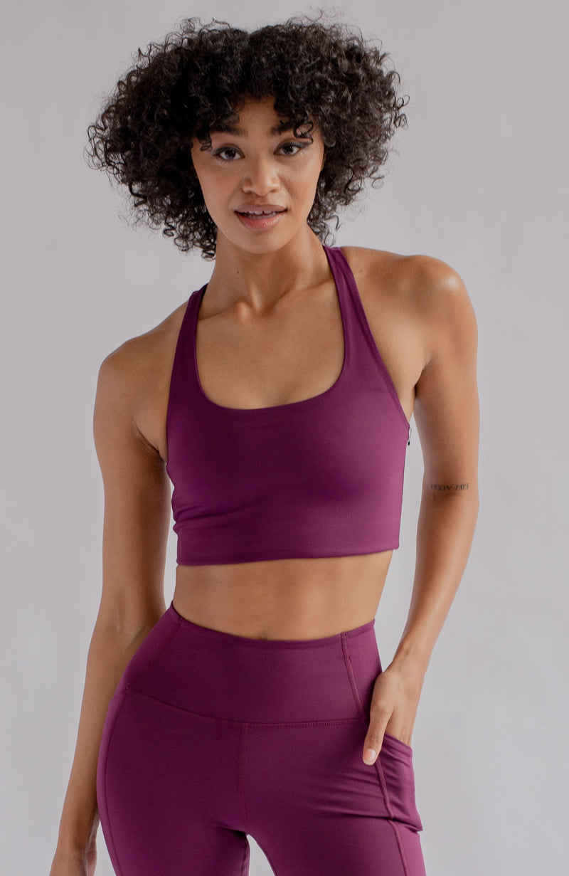Ethical Sustainable womens purple long line sports bra girlfriend collective paloma