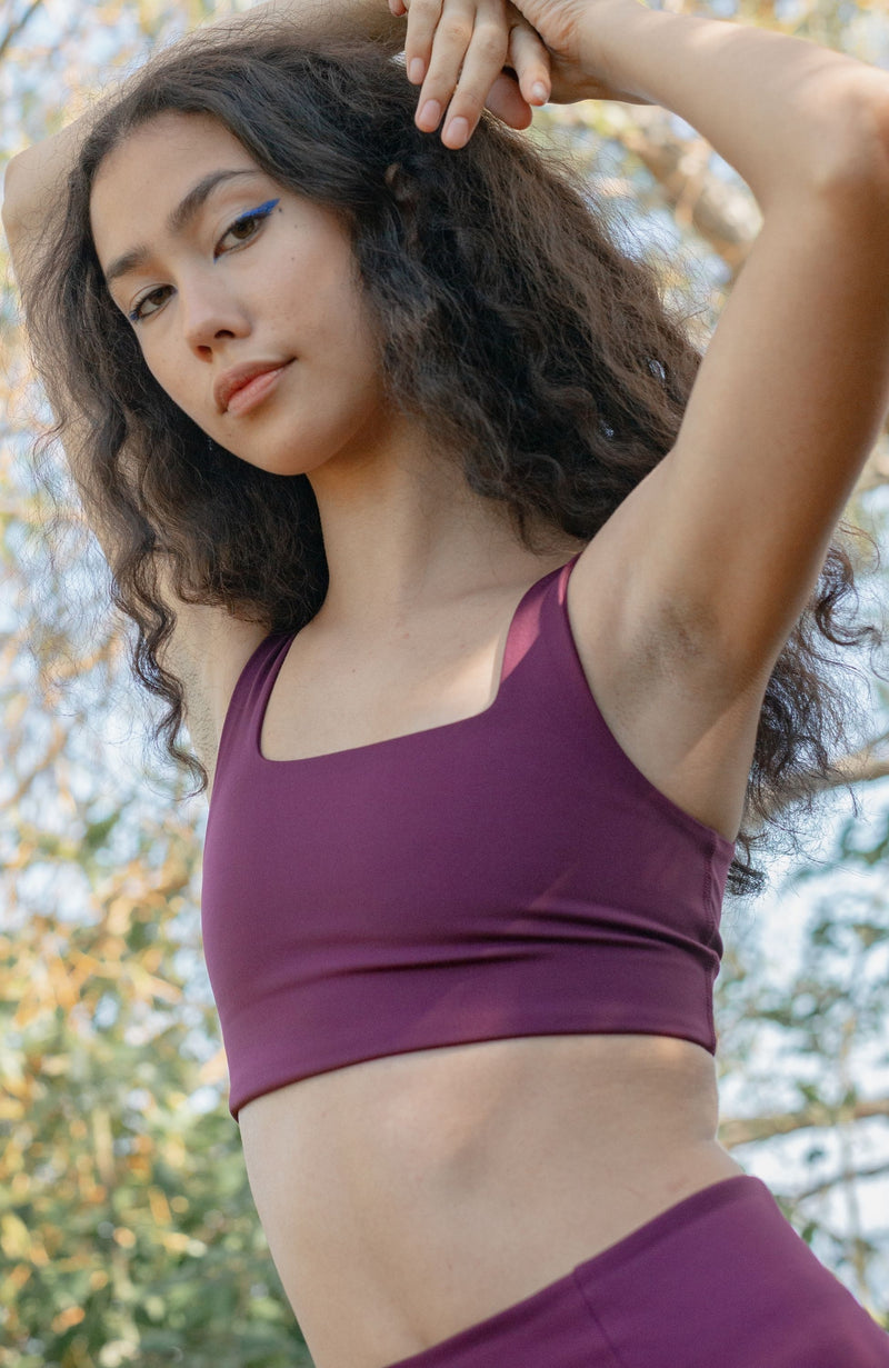 Ethical sustainable purple sports bra girlfriend collective