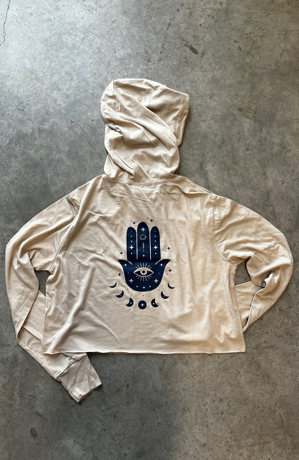 yoga hooded crop hamsa evil eye ethically made apparel